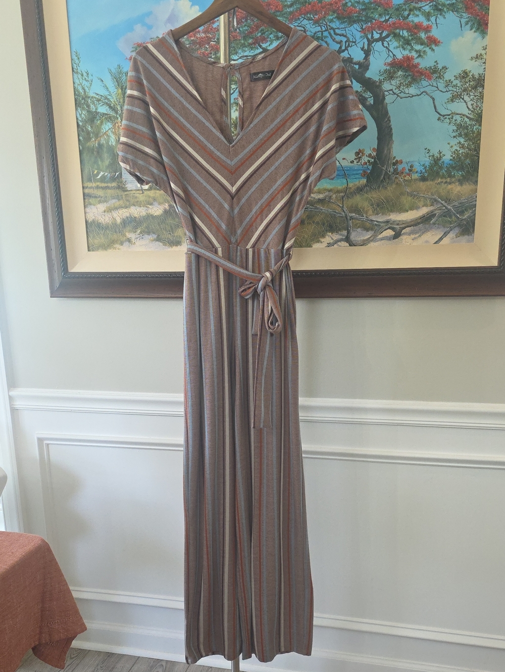Striped Taupe & Rust Belted V‑Neck Jumpsuit
